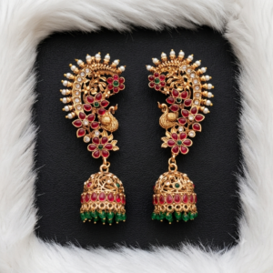 Floral Peacock Ear Cuff Jhumkas with Ruby-Green Stones