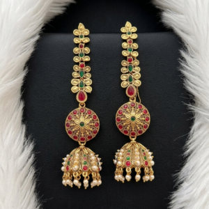 Long Floral Statement Jhumkas with Ruby-Green Stones and Pearl Drops