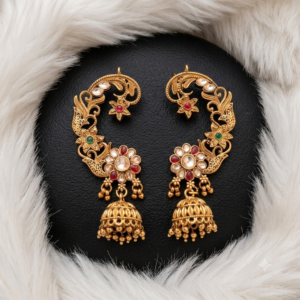 Floral Motif Ear Cuff Jhumkas with Ruby-Green Stones and Polki-Style Accents