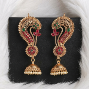 Paisley Motif Ear Cuff Jhumkas with Ruby-Green Stones and Pearl Accents