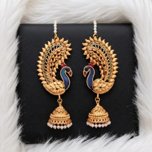 Traditional Peacock Enamel Ear Cuff Jhumkas with Pearl Embellishments