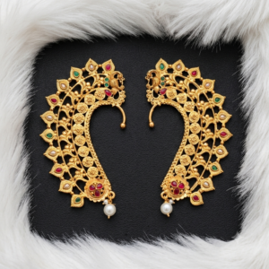 Intricate Filigree Design Ear Cuffs with Ruby-Green Stones and Pearl Drops