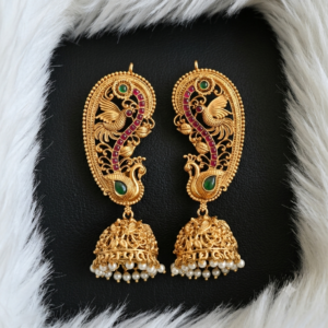 Peacock Design Ear Cuff Jhumkas with Ruby-Green Stones and Pearl Accents