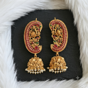 Peacock Motif Ear Cuff Jhumkas with Ruby-Green Stones and Pearl Accents