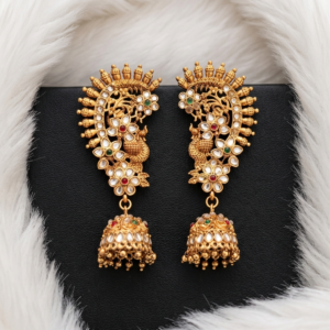 Floral Peacock Ear Cuff Jhumkas with Polki Stones and Pearl Accents