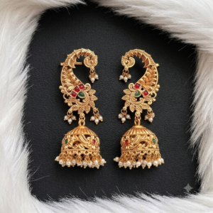 Intricate Paisley Design Ear Cuff Jhumkas with Ruby-Green Stones and Pearl Accents