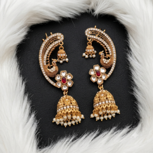 Peacock Motif Polki Ear Cuff Jhumkas with Pearl Accents