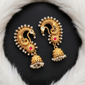 Peacock Motif Ear Cuff Jhumkas with Ruby Stone and Pearl Accents