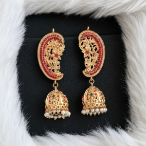 Floral Motif Ear Cuff Jhumkas with Red and Green Stones