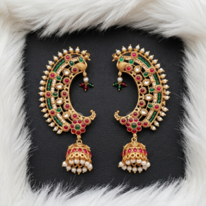 Crescent Moon Peacock Ear Cuff Jhumkas with Ruby-Green Stones and Pearl Drops