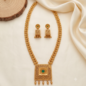 Antique Gold Textured Bead Long Haram with Square Pendant & Earrings – 2 Colours
