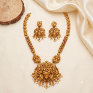 Antique Gold Gajalakshmi Peacock Long Haram Set with Earrings