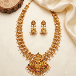 Antique Gold Lakshmi Temple Long Haram Set with Jhumka Earrings – 2 Variants
