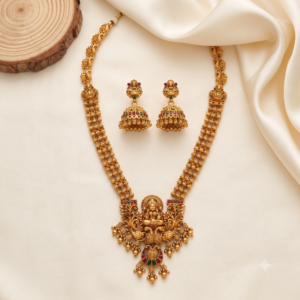 Antique Gold Lakshmi Peacock Long Haram Set with Jhumka Earrings