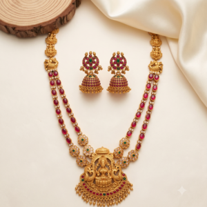 Antique Gold Lakshmi Peacock Double-Layer Long Haram Set with Jhumka Earrings