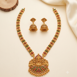 Antique Gold Lakshmi Peacock Long Haram Set with Jhumka Earrings