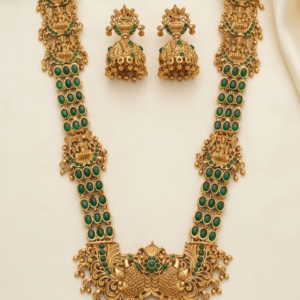 Antique Gold Lakshmi Peacock Long Haram Set with Jhumka Earrings – 2 Colours
