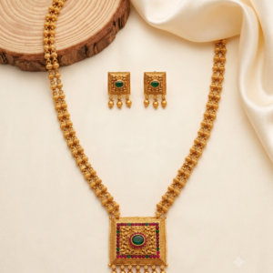 Emerald Square Pendant Double-Strand Long Haram with Drop Earrings