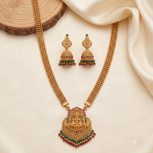 Lakshmi Filigree Bead-Chain Long Haram with Ruby Green Jhumkas