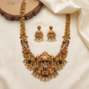 Antique Gold Ram Parivar Long Haram Set with Earrings – 2 Variants