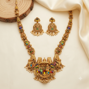 Srinivasa Kalyanam Antique Gold Long Haram Set with Earrings