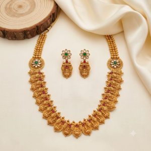 Ruby Lakshmi Kasu Mala Long Haram with Floral Stone Earrings