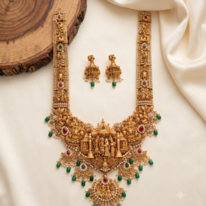 Deity Panel Ram Parivar Haram with Gopuram Pendant & Green Beads