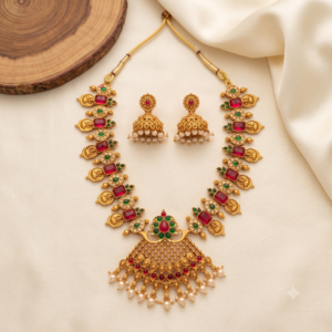 Antique Gold Temple Necklace Set with Jhumka Earrings