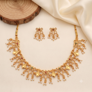 Antique Gold Floral Short Necklace Set with Pearl Drops