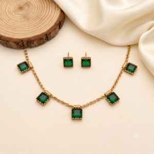 Square Stone Short Necklace Set with Stud Earrings – 3 Colours