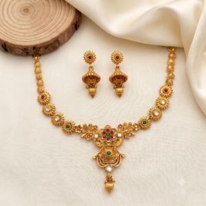 Antique Gold Floral Short Necklace Set with Jhumka Earrings