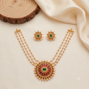 Three Layer Pearl Pendant Necklace Set with Matching Earrings