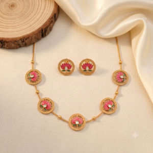 Pink Lotus Gold-Tone Short Necklace Set with Stud Earrings