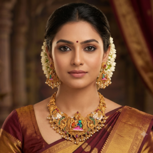 Antique Gold Shiv Parvati Temple Necklace Set with Nandi and Peacock Motifs