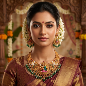 Antique Gold Shiv Parvati Temple Necklace Set with Nandi, Peacock and Green Beads