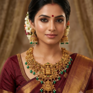 Antique Gold Lakshmi Peacock Temple Necklace Set with Green Beads