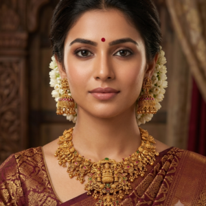 Antique Gold Lakshmi Peacock Temple Necklace Set with Jhumka Earrings