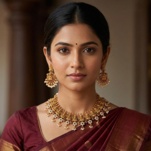 Antique Gold Lakshmi Temple Necklace Set with Pearl Drop Earrings