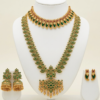 Traditional gold plated long haar and mango choker jewellery set in emerald green with earrings