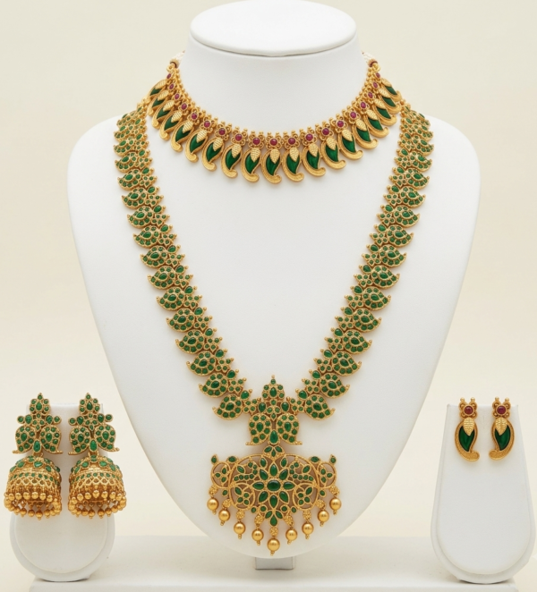 Traditional gold plated long haar and mango choker jewellery set in emerald green with earrings