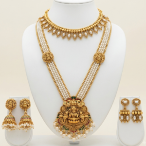 Traditional gold plated pearl long haar temple jewellery set with necklace and earrings