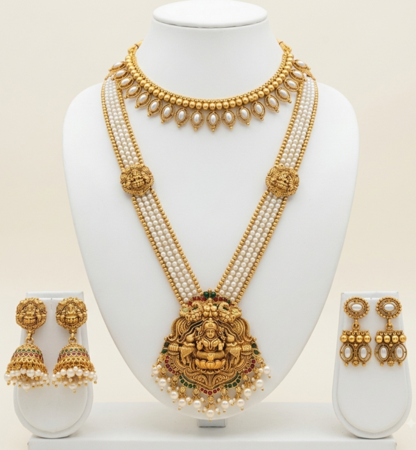 Traditional gold plated pearl long haar temple jewellery set with necklace and earrings