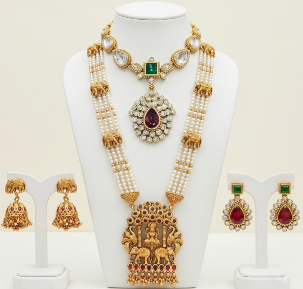 Traditional gold plated pearl long haar temple jewellery set with elephant pendant and earrings