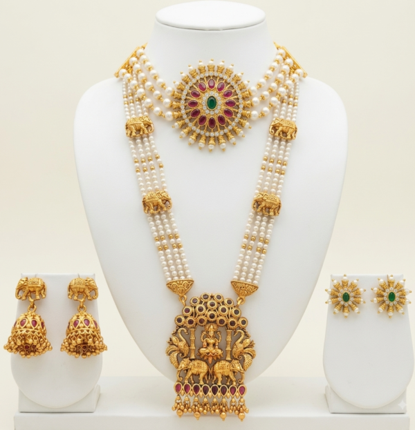 Traditional gold plated pearl long haar temple jewellery set with elephant pendant and choker