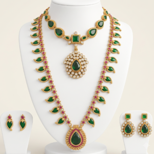 Green Minakari long haram necklace set with pendant and matching earrings for women