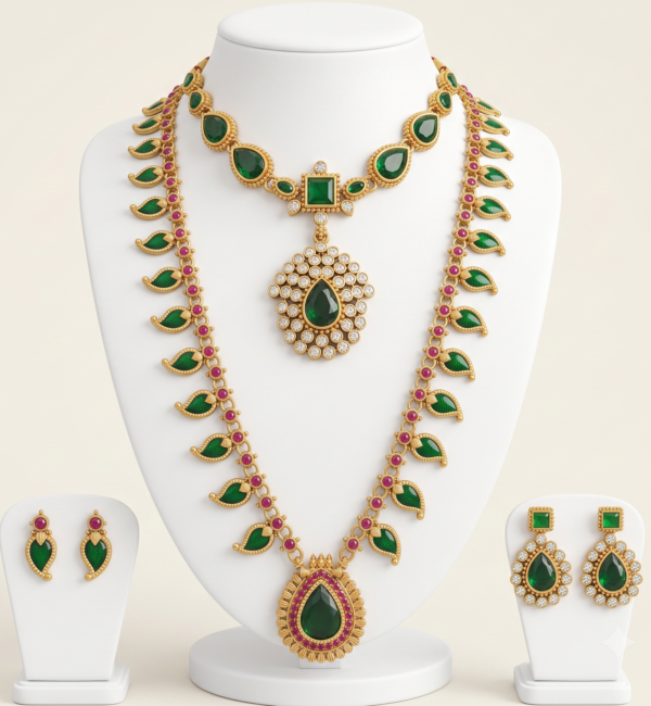 Green Minakari long haram necklace set with pendant and matching earrings for women