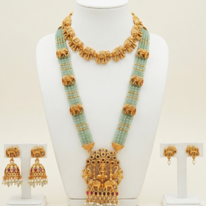 Mint green beaded long haar temple jewellery set with elephant pendant and earrings
