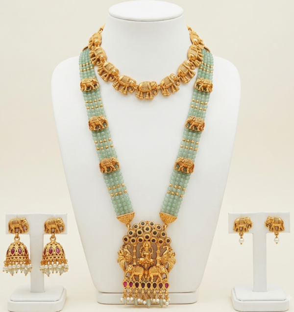 Mint green beaded long haar temple jewellery set with elephant pendant and earrings
