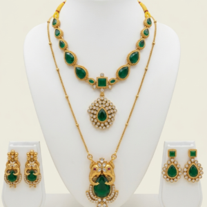 Green stone gold plated pendant chain with short necklace and matching earrings