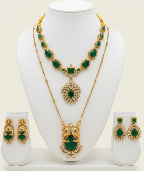 Green stone gold plated pendant chain with short necklace and matching earrings